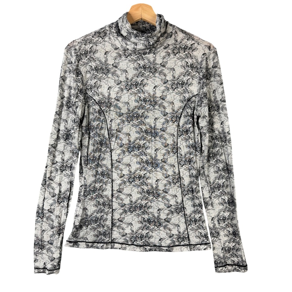 NILS Womens Tencel Floral Lace Print Mock Neck Long Sleeve Base Layer Top Gray